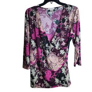 Women’s Medium Paisley Surplice Purple Black 3/4 Sleeve Ruched Stretch Top